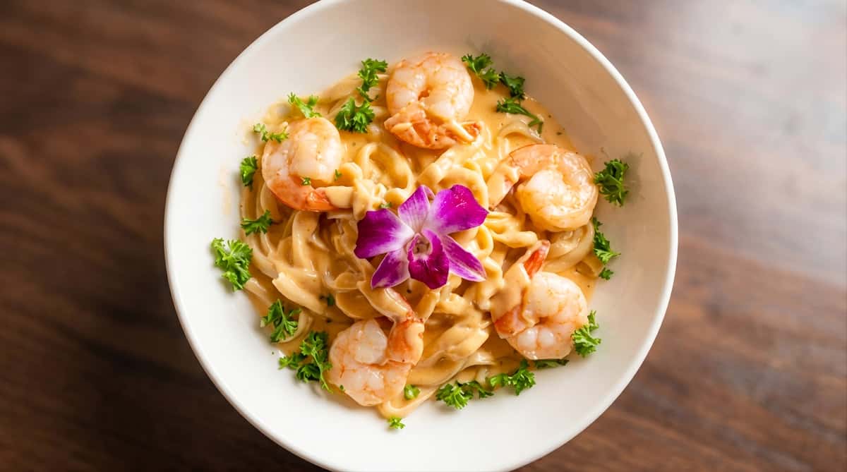 Shrimp pasta served in a white bowl with parsley and a purple orchid garnish.