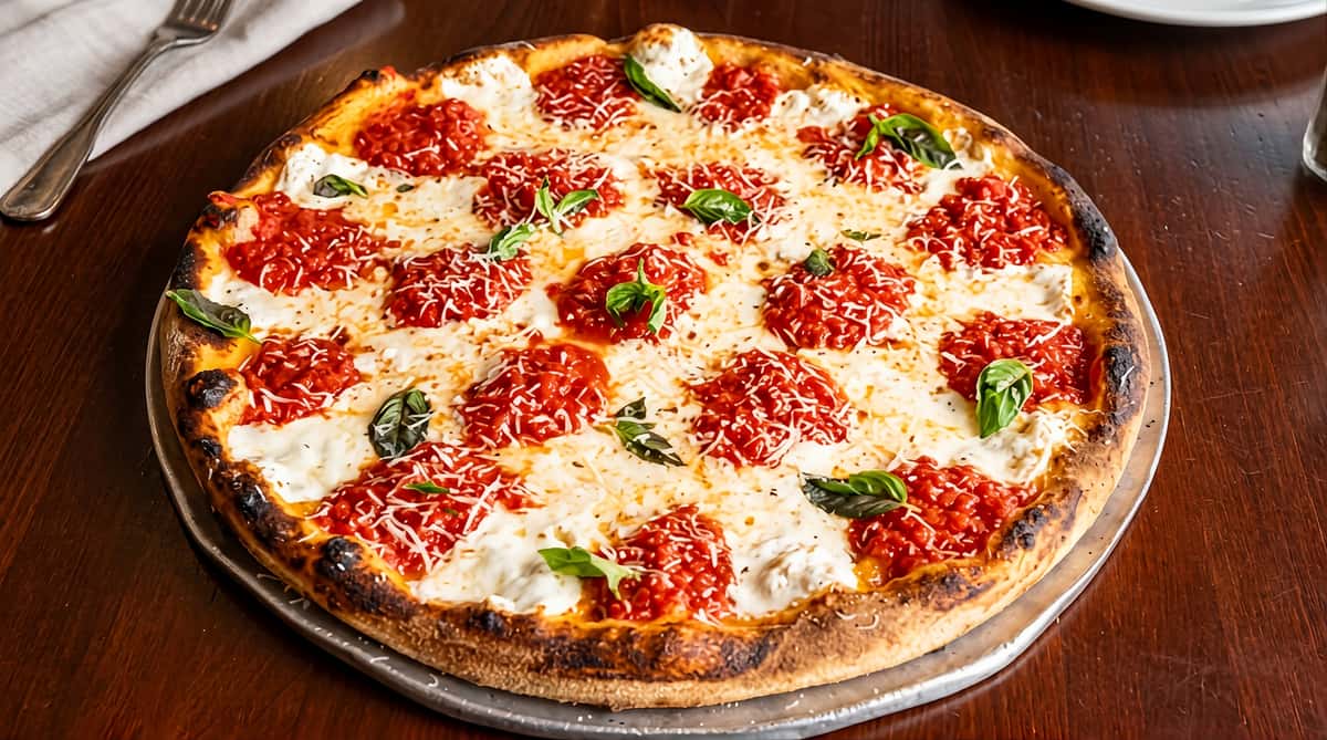 Margherita pizza topped with melted cheese, tomato sauce, and basil.