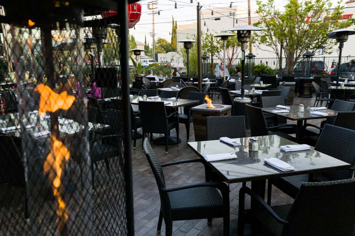 Patio area with tables and fire stands