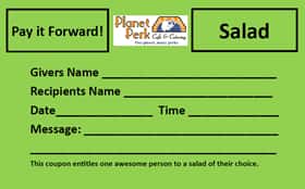 pay it forward form with areas for the givers name, recipients name, date, time, and message