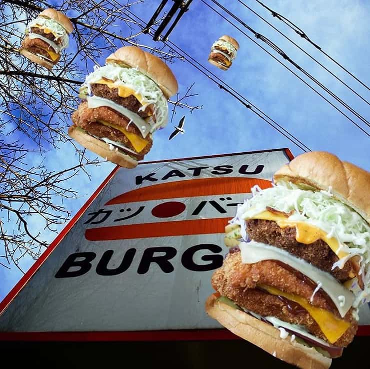 sign with floating burgers