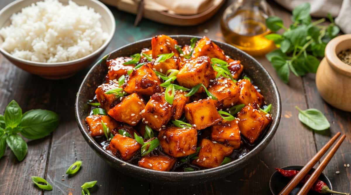 Sweet and sour tofu in a dark bowl, garnished with sesame seeds and chopped green onions.