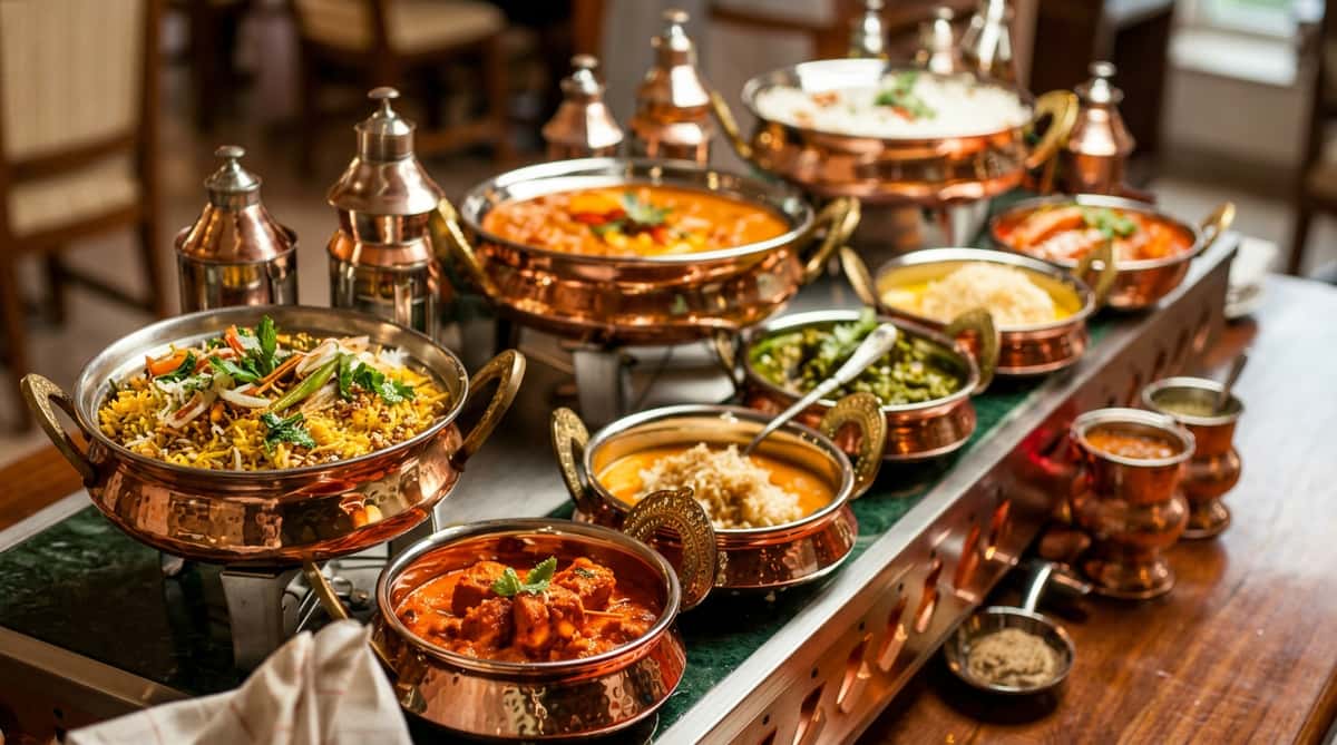 Buffet of Indian dishes in copper pots, including curries, rice, and a green vegetable dish.