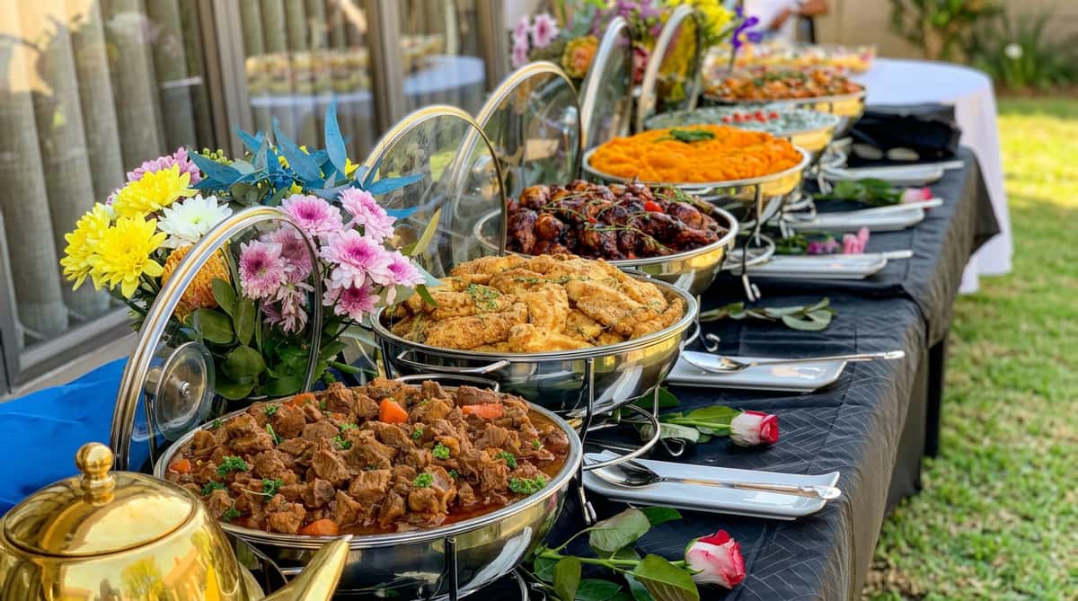 colorful catering buffet table with assorted hot dishes, vegetables, and serving trays arranged for an event