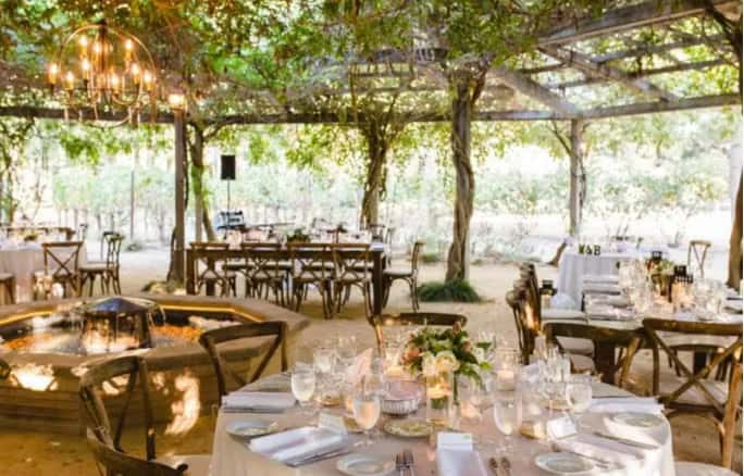 Outdoor garden dining setup with rustic wooden tables, natural greenery, and elegant event atmosphere