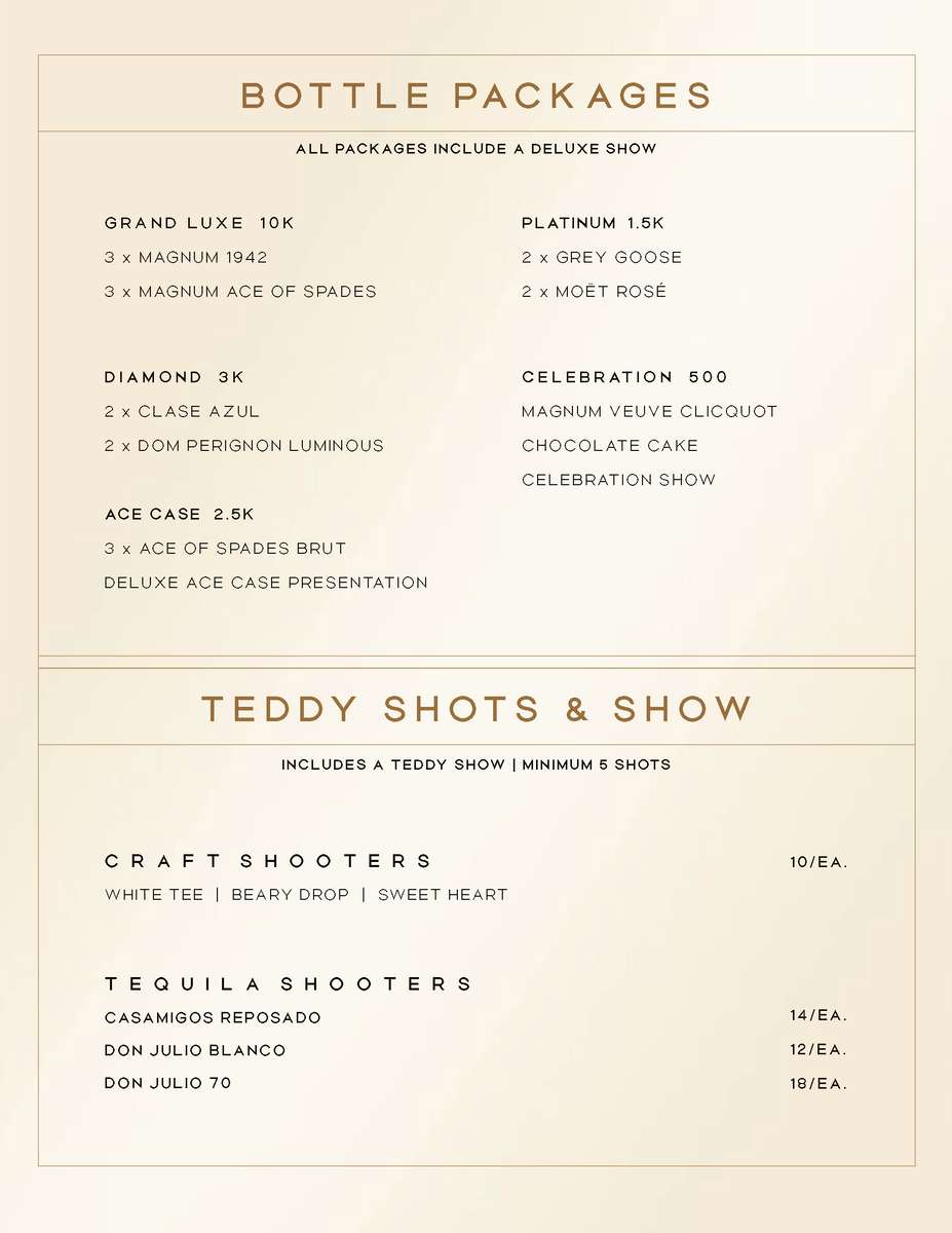 Mesa bottle packages menu