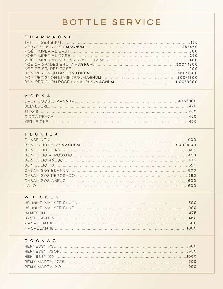 Mesa bottle service menu