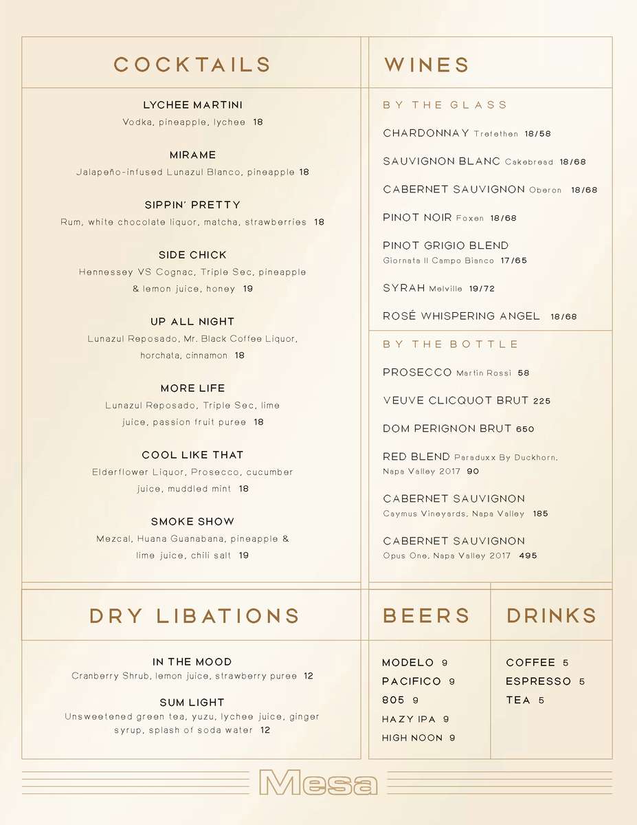Mesa cocktails and wine menu