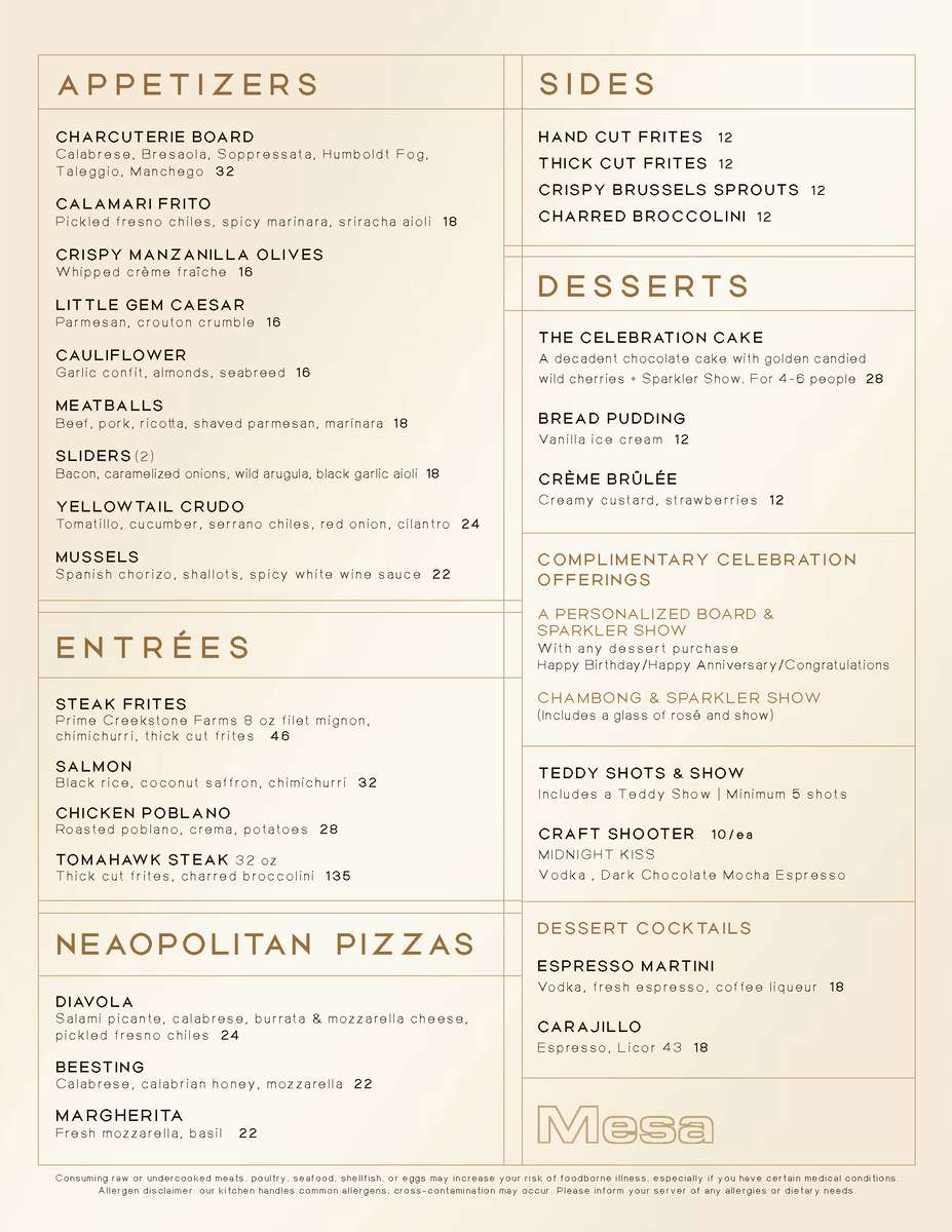 Mesa food menu