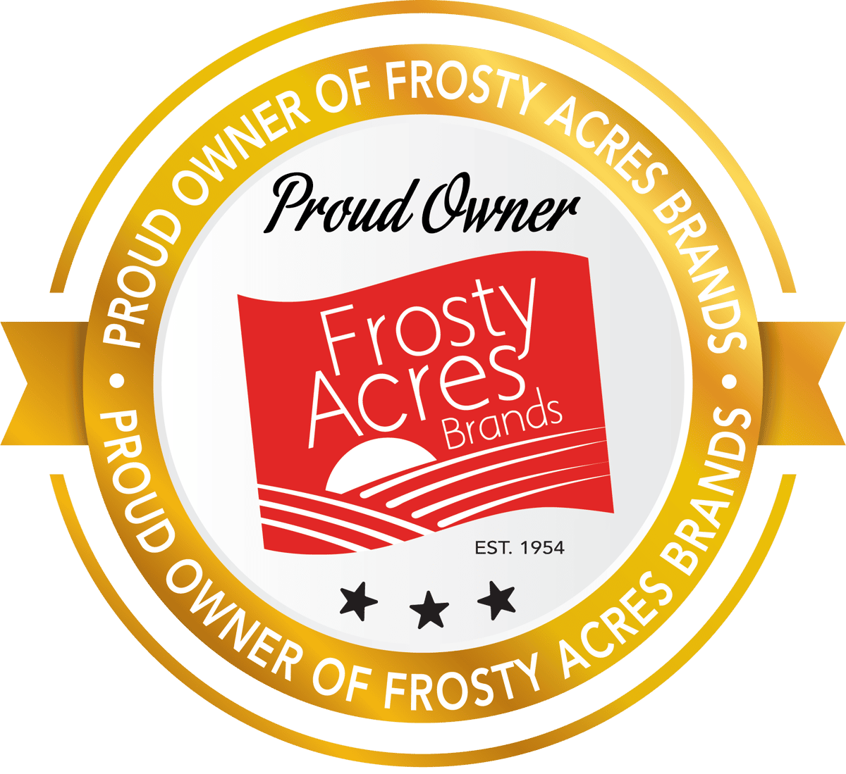 Logo that says "proud owner of Frosty Acres Brands"
