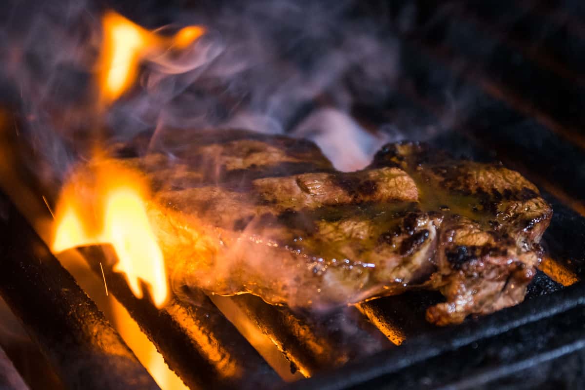 steak on the flame grill.