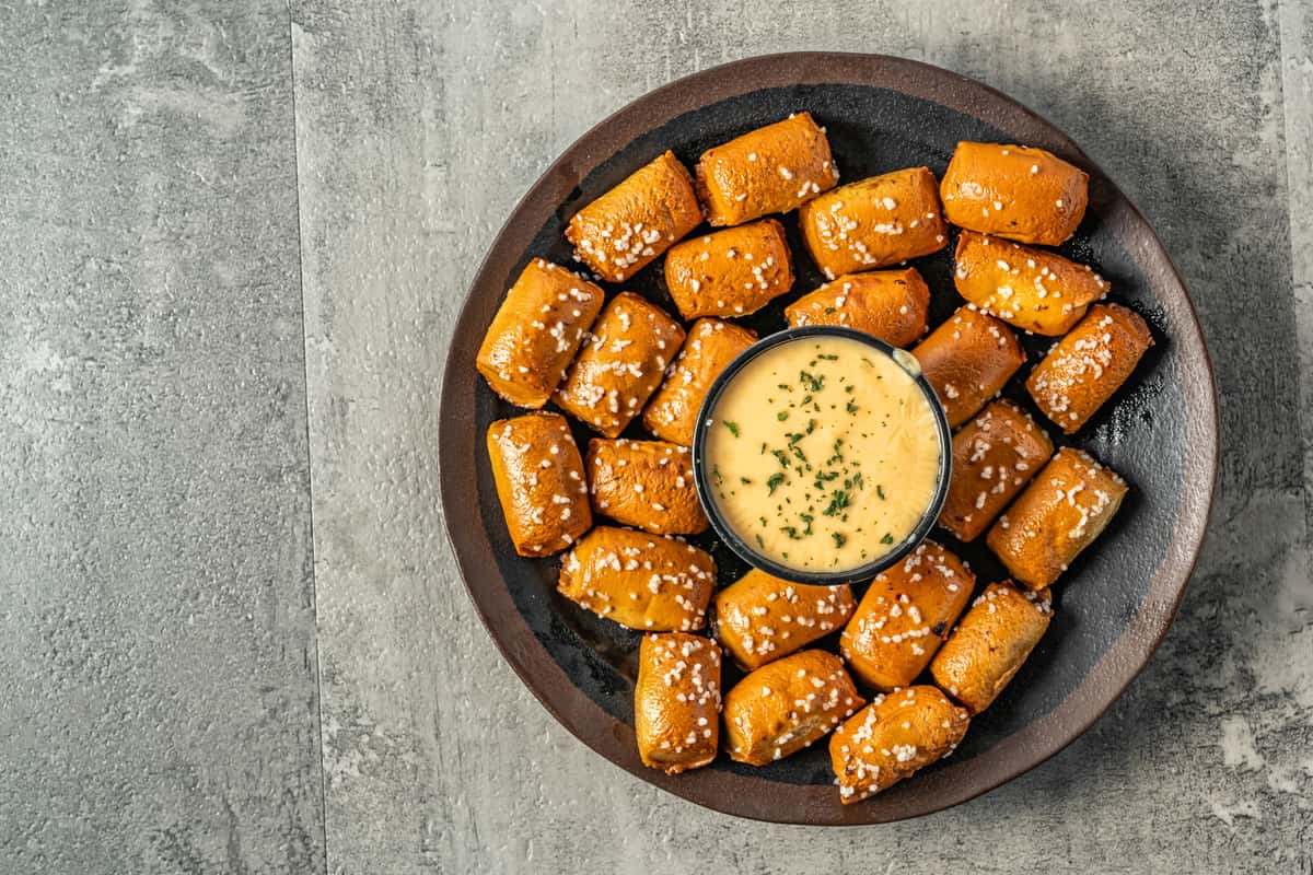 Soft pretzel bites with a cheese dipping sauce