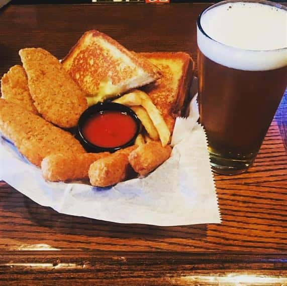 Basket of chicken fingers, Mozzarella Sticks, Grilled Cheese Sandwich with Side of Marinara Sauce and Pint of Draft Beer