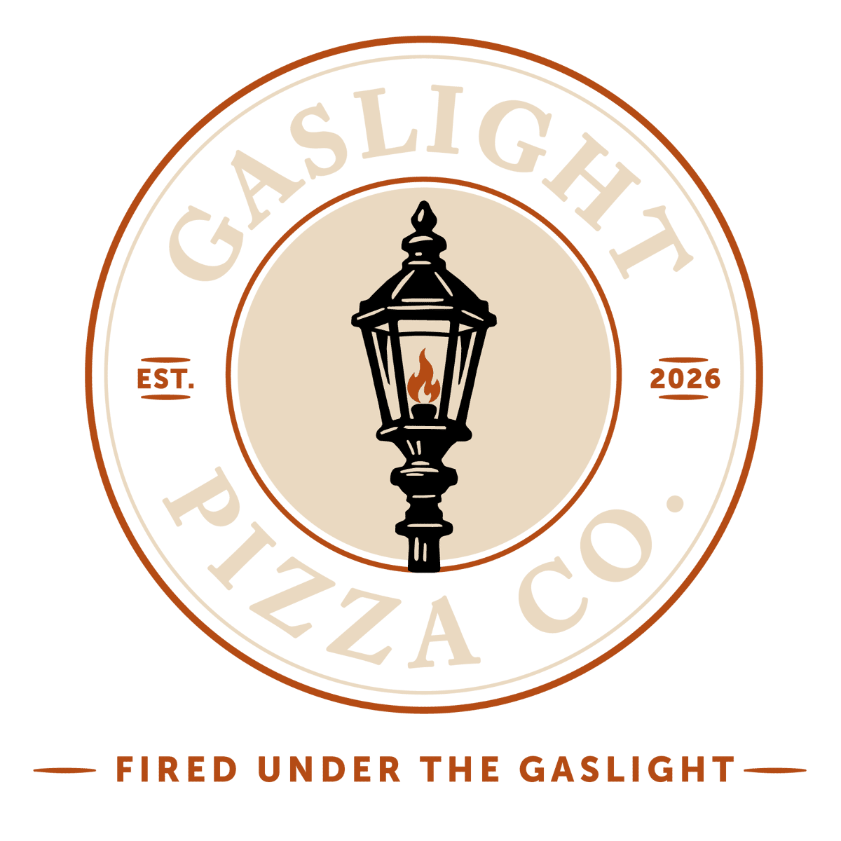Gaslight Pizza Co. logo: a black gaslight lantern with a flame, encircled by text on a dark green background.