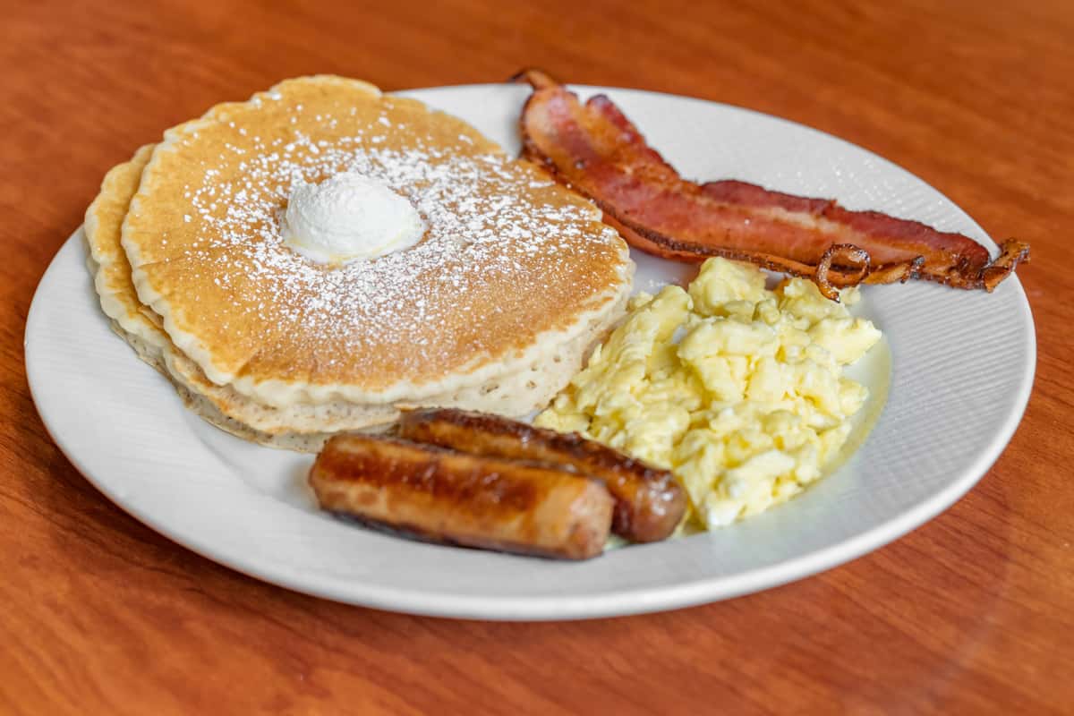 No substituting ham, two eggs, two sausage links, two bacon strips, two buttermilk pancakes (or hash browns instead of pancakes)