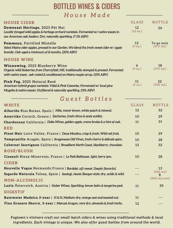 Fogtown 2025 summer wine list