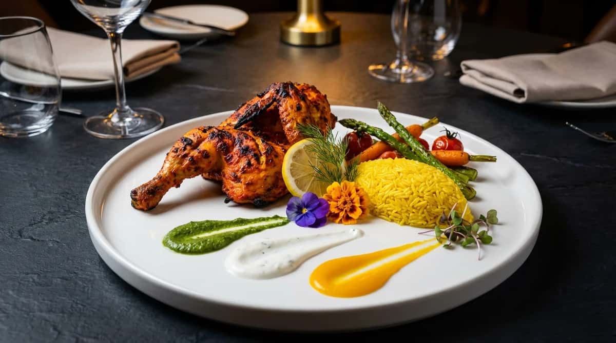 Chicken tandoori with yellow rice and dipping sauces