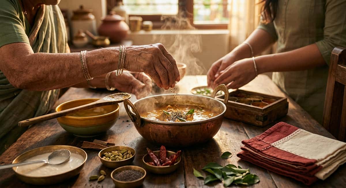 Mother cooking a curry traditional way