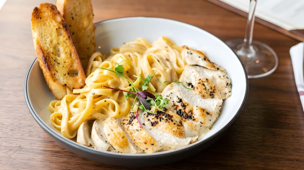 Chicken fettuccine Alfredo served with grilled chicken and toasted bread.