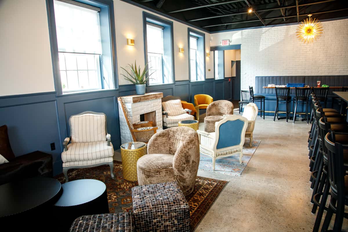 Lounge with comfortable seating and blue accents