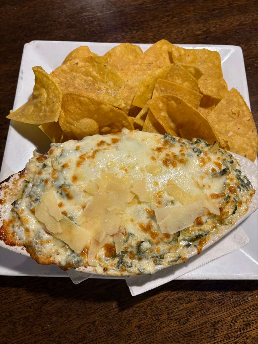 Spinach, Artichoke Hearts, Cheddar, Parmesan, Cream Cheese, Served with Tortilla Chips