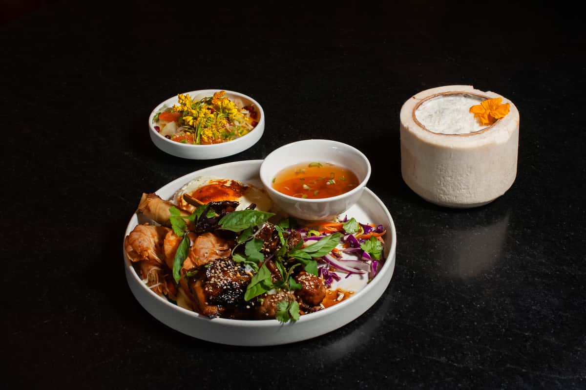 (Clockwise) Mango salad, coconut sinh to and #1DB