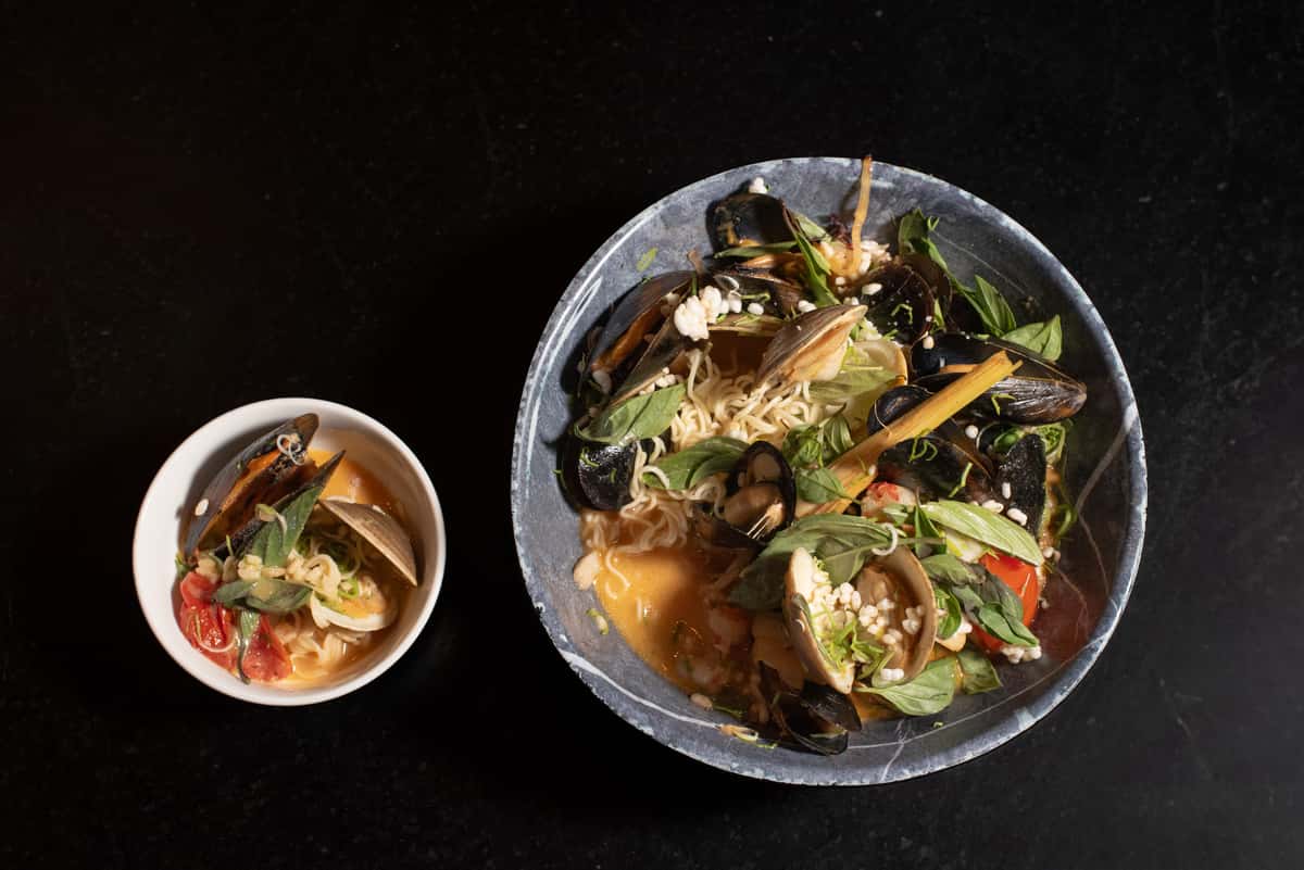 Instant Egg Noodles, Tomatero Dry Farm Tomato, Coconut Lemongrass Broth, New Zealand Rock Shrimp, Thai Basil