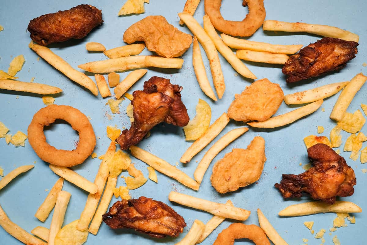fries, wings, onion rings