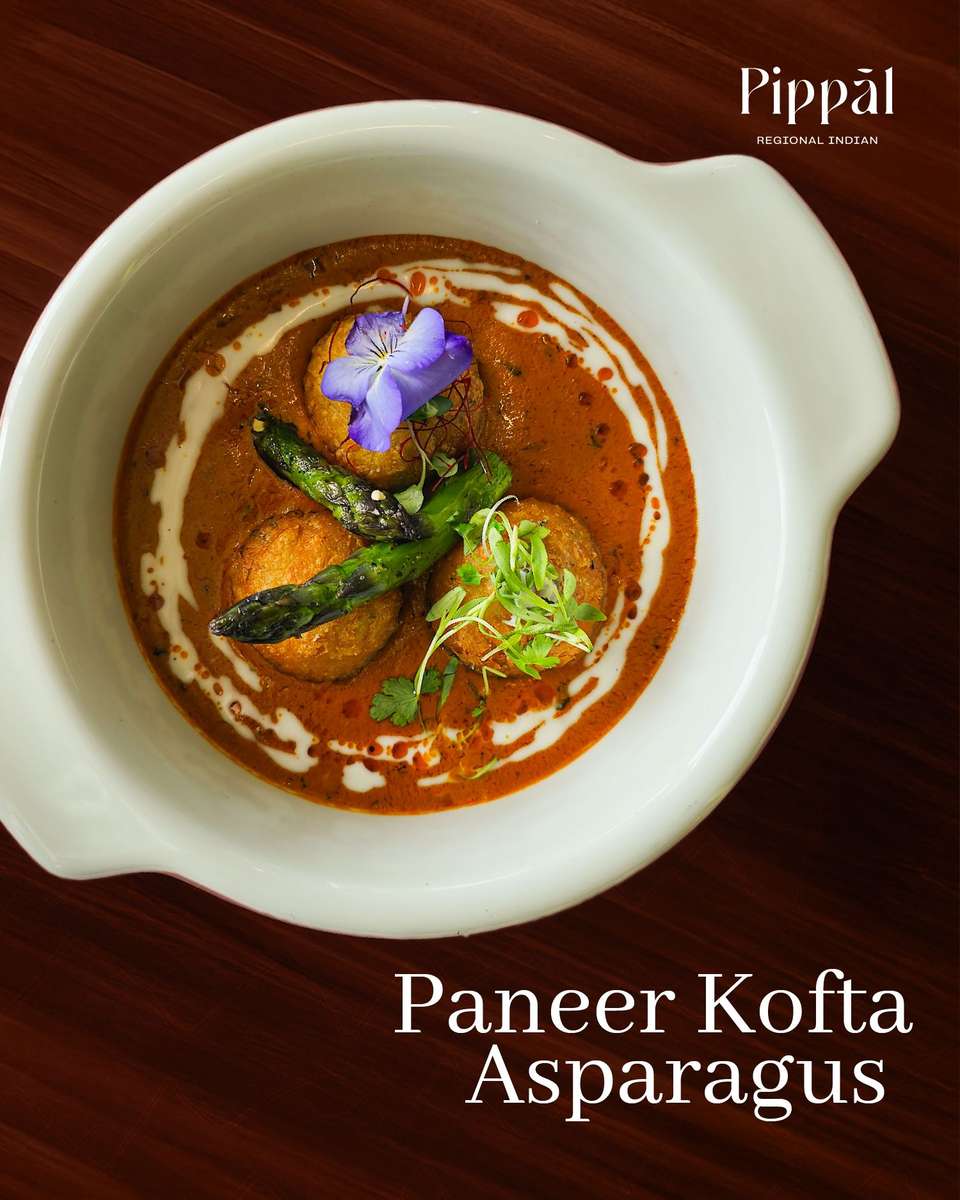 Vegetarian and vegan Indian dishes from Pippal Emeryville including Paneer Makhani, Baigan Bharta, Beetroot Kebab, and Pan-Seared Vegetable Momos