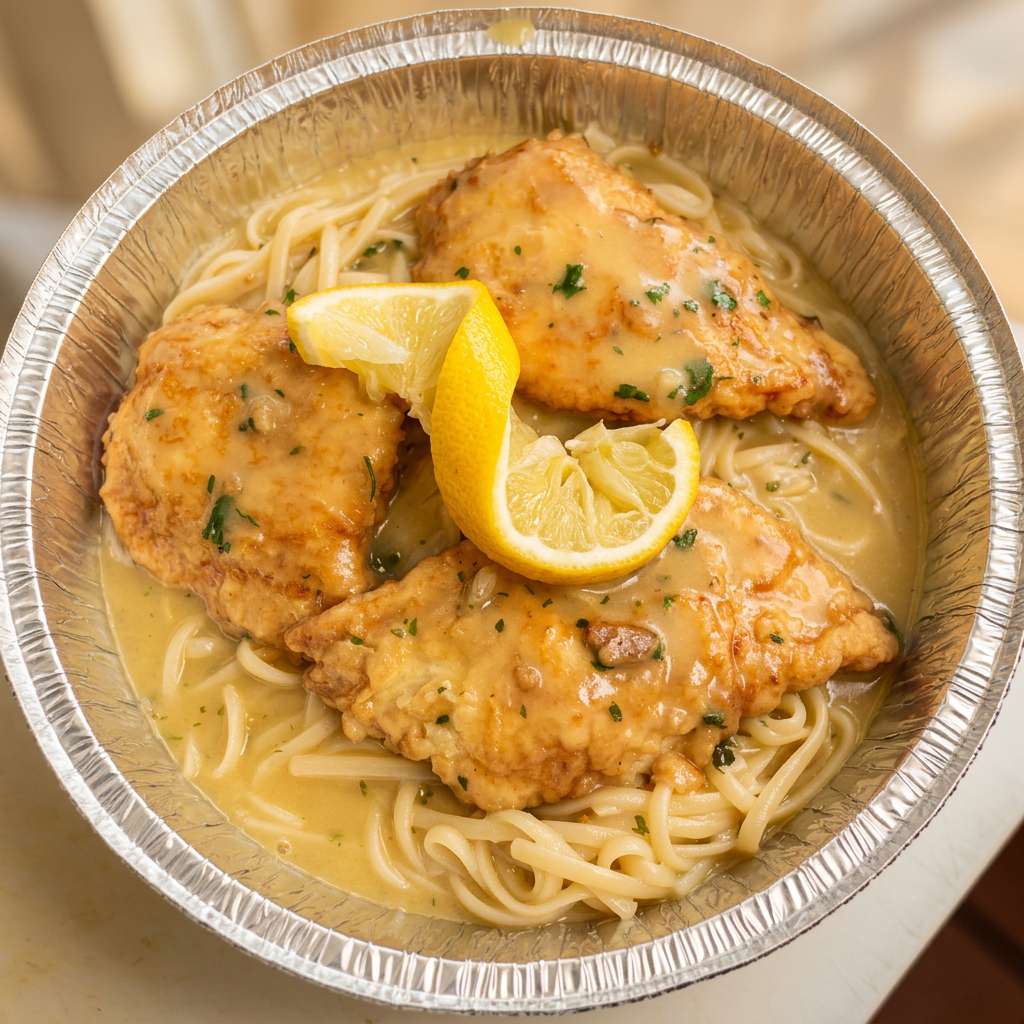 Chicken piccata with noodles in a lemon caper sauce, garnished with lemon wedges, in a foil takeout container.