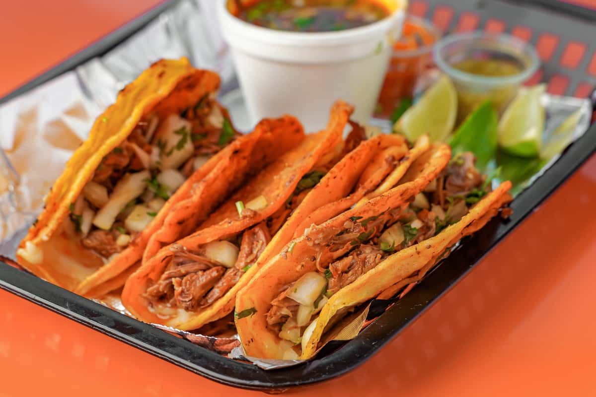 Three Delicious Birria Tacos served at Señor Burrito Company