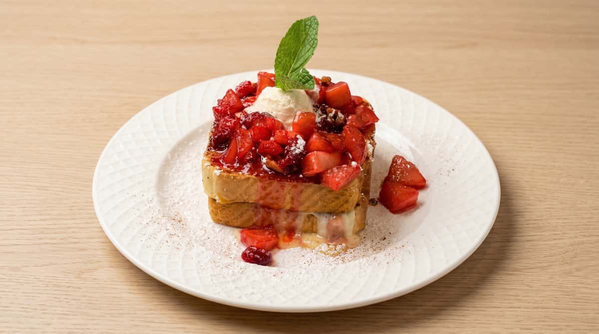 Thick-cut French toast topped with fresh strawberries, berry compote, powdered sugar, and a scoop of vanilla cream, plated in a bright café setting.