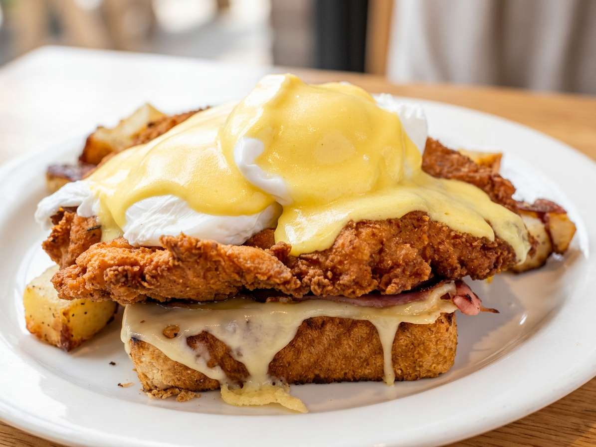 Chicken Fried Steak Benedict with poached eggs, hollandaise, and home fries on a white plate.