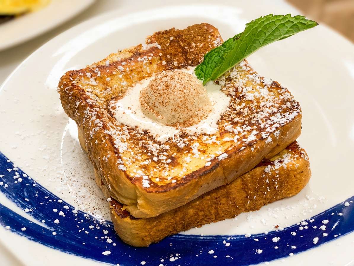 French toast topped with vanilla ice cream, caramelized apple slices, pecans, whipped cream, mint, and powdered sugar.