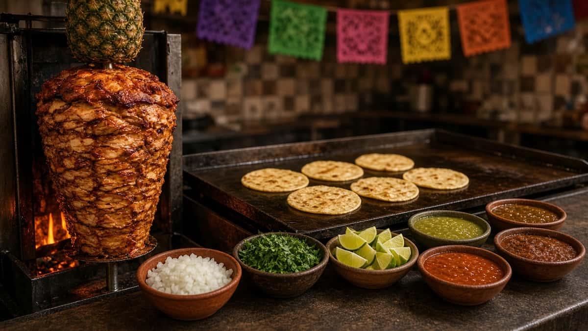Al pastor trompo with pineapple beside a griddle of warm tortillas and taco toppings