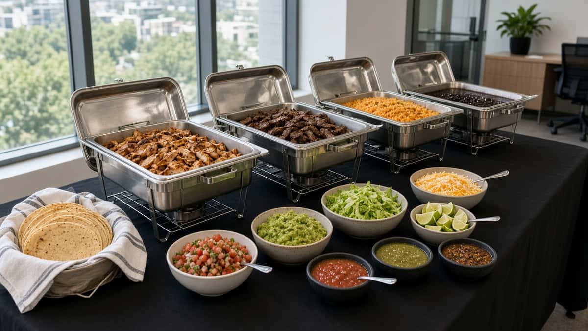 Catered Mexican food spread with taco toppings in serving bowls on a buffet table