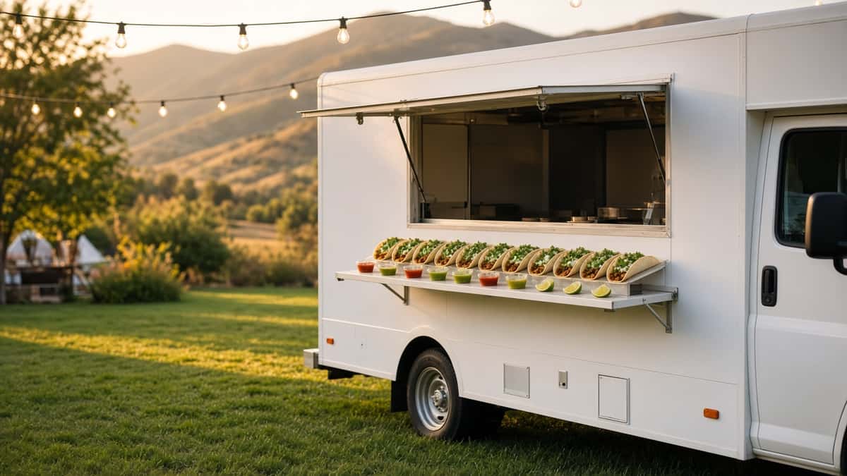 White food truck parked on grass with trees in the background