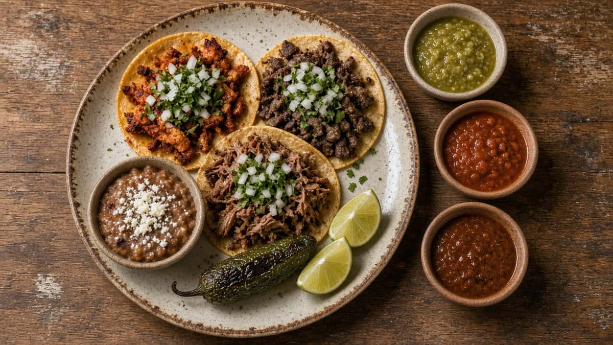 Plate of street tacos with onion and cilantro, refried beans, lime wedges and salsas