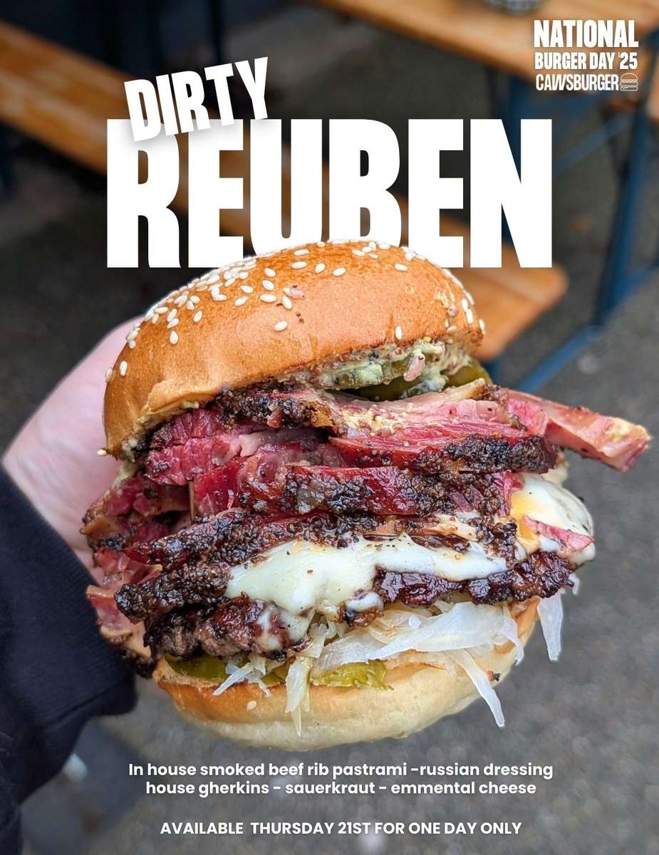 Dirty Reuben Pastrami Burger - Made in house smoked pastrami beef rib - National Burger Day