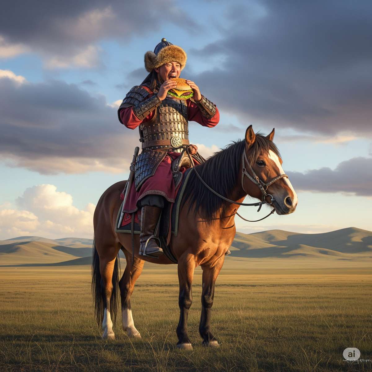 Mongolian Horseman Eating a Cheeseburger