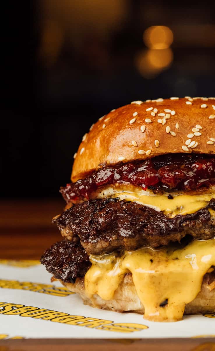 single dry aged beef patty, grilled halloumi, chilli jam, sriracha mayo, american cheese, brioche bun
