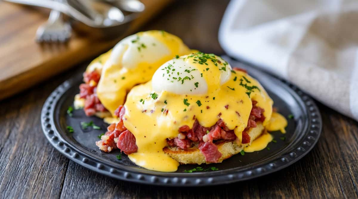 Cafe Remedy | Corned beef hash eggs Benedict with poached eggs, hollandaise sauce, and parsley garnish on a black plate.