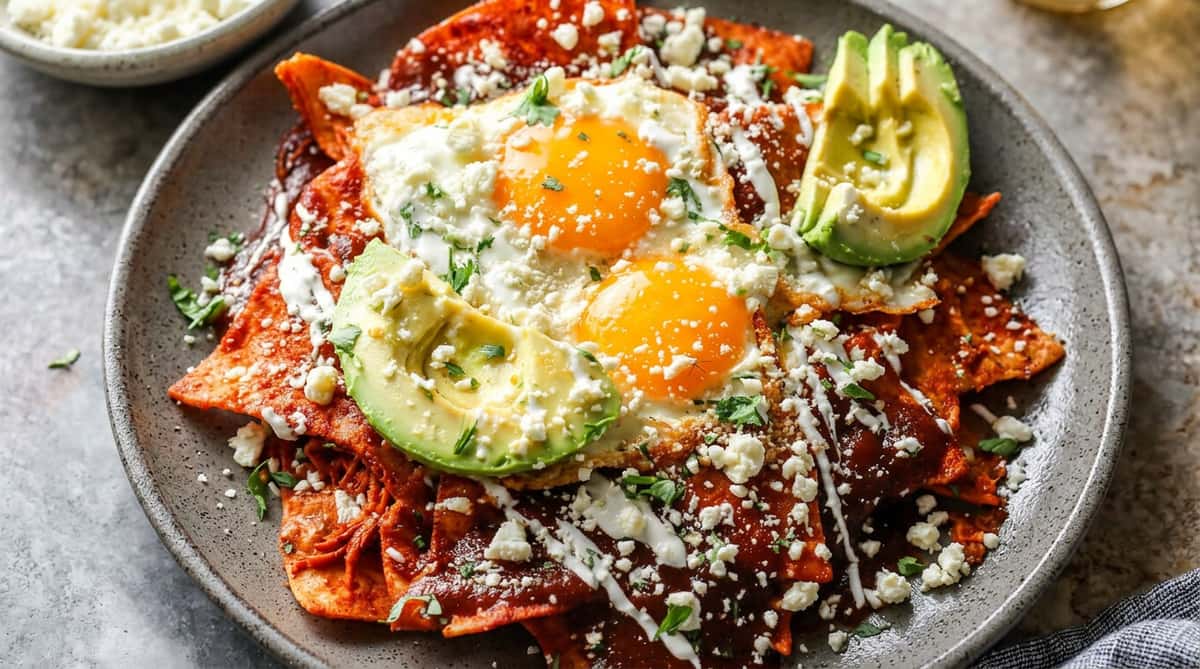 Cafe Remedy | Chilaquiles with red sauce, two fried eggs, crumbled cheese, avocado slices, and crema drizzle on a gray plate.