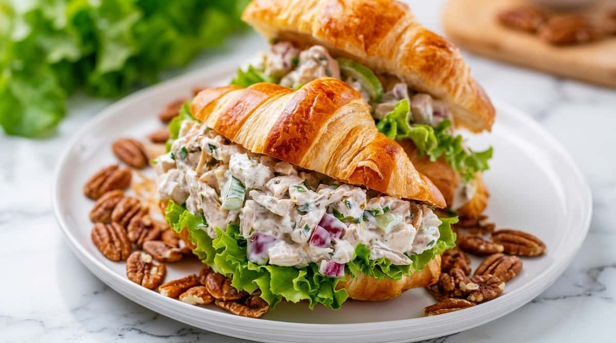 Cafe Remedy | Chicken salad croissant sandwich with chopped chicken, red onion, and celery on a bed of green lettuce.