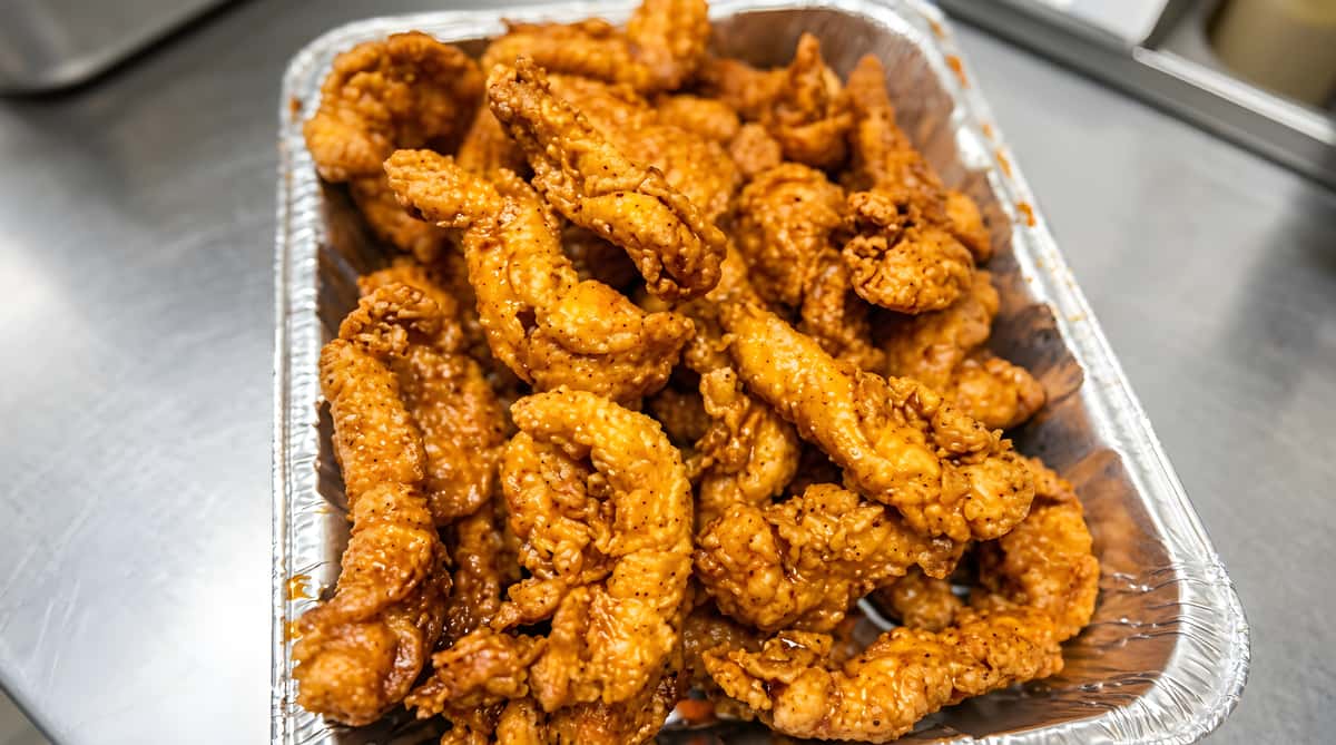 Crispy fried shrimp coated in a reddish-orange sauce, served in a foil container.