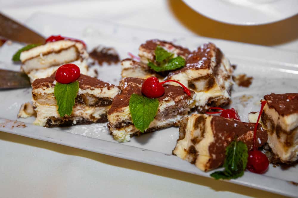 Tiramisu on a pretty catering platter; photo credit: Karen D Photography