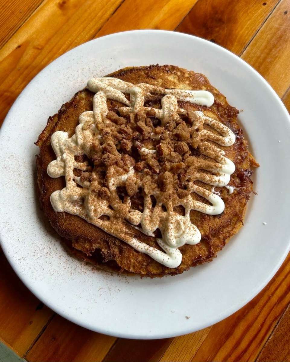 Pumpkin spice pancake with cinnamon swirl & cream cheese icing. Add pecans +$.95