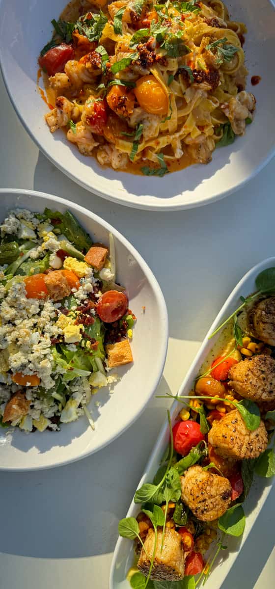 Scallops, Shrimp Fettucine, Cobb Salad