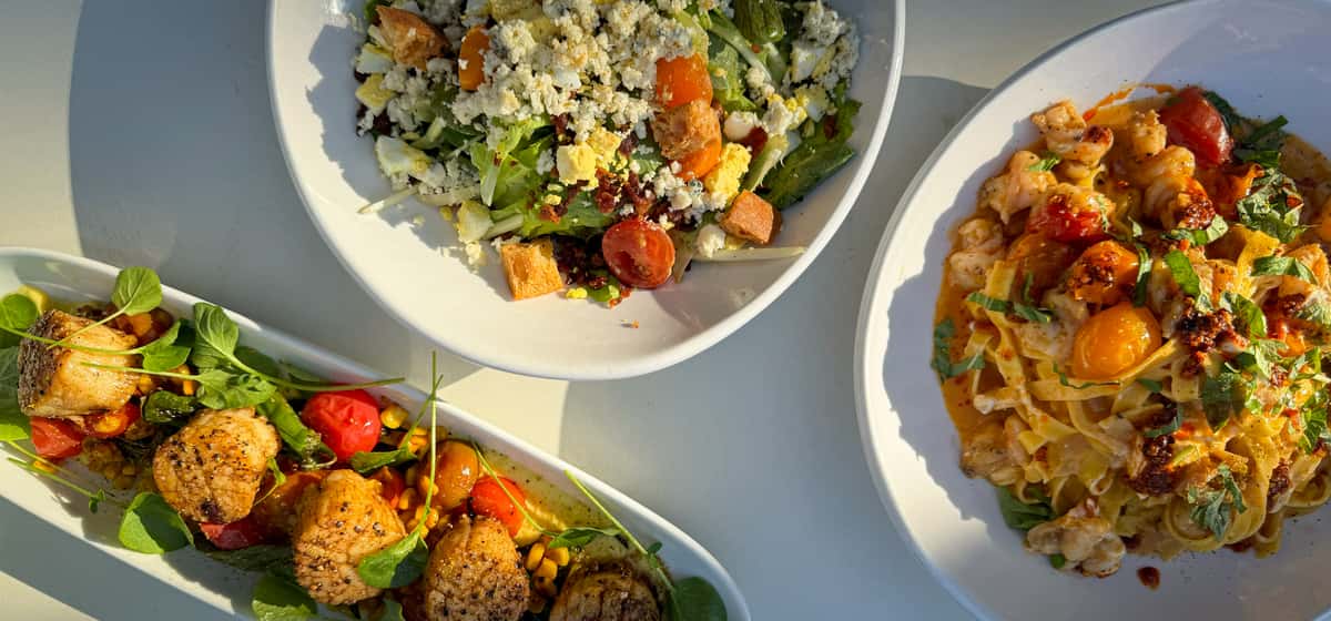 Scallops, Shrimp Fettucine, Cobb Salad