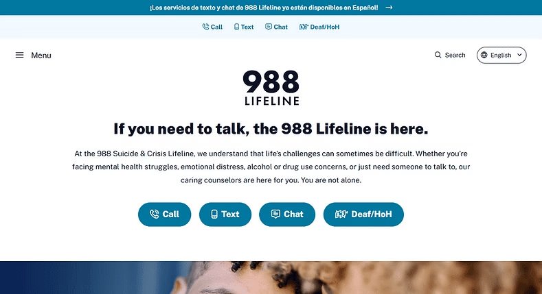 SAMSHA 988 Suicide and Crisis Lifeline website screenshot